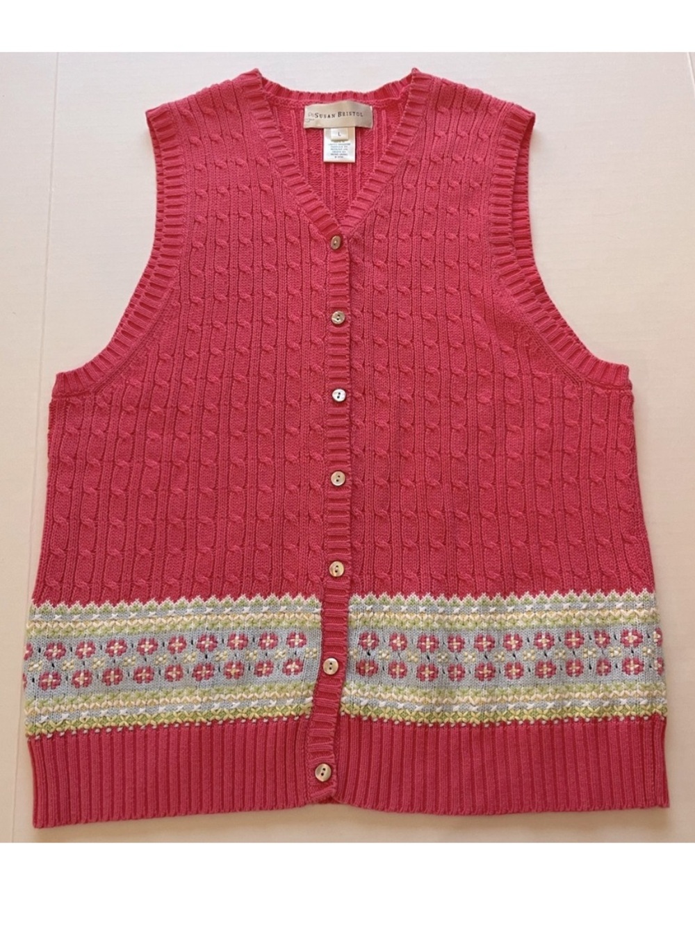 Susan Bristol 2000 Pink Cable Knit Floral Hand Embroidered Sweater Vest L